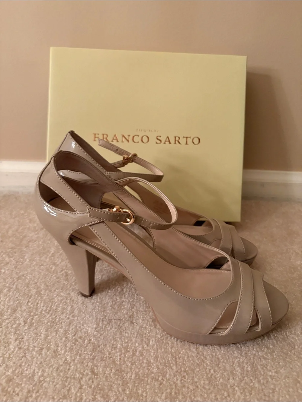 Franco Sarto Beige Patent Peep-Toe Ankle-Strap Heels